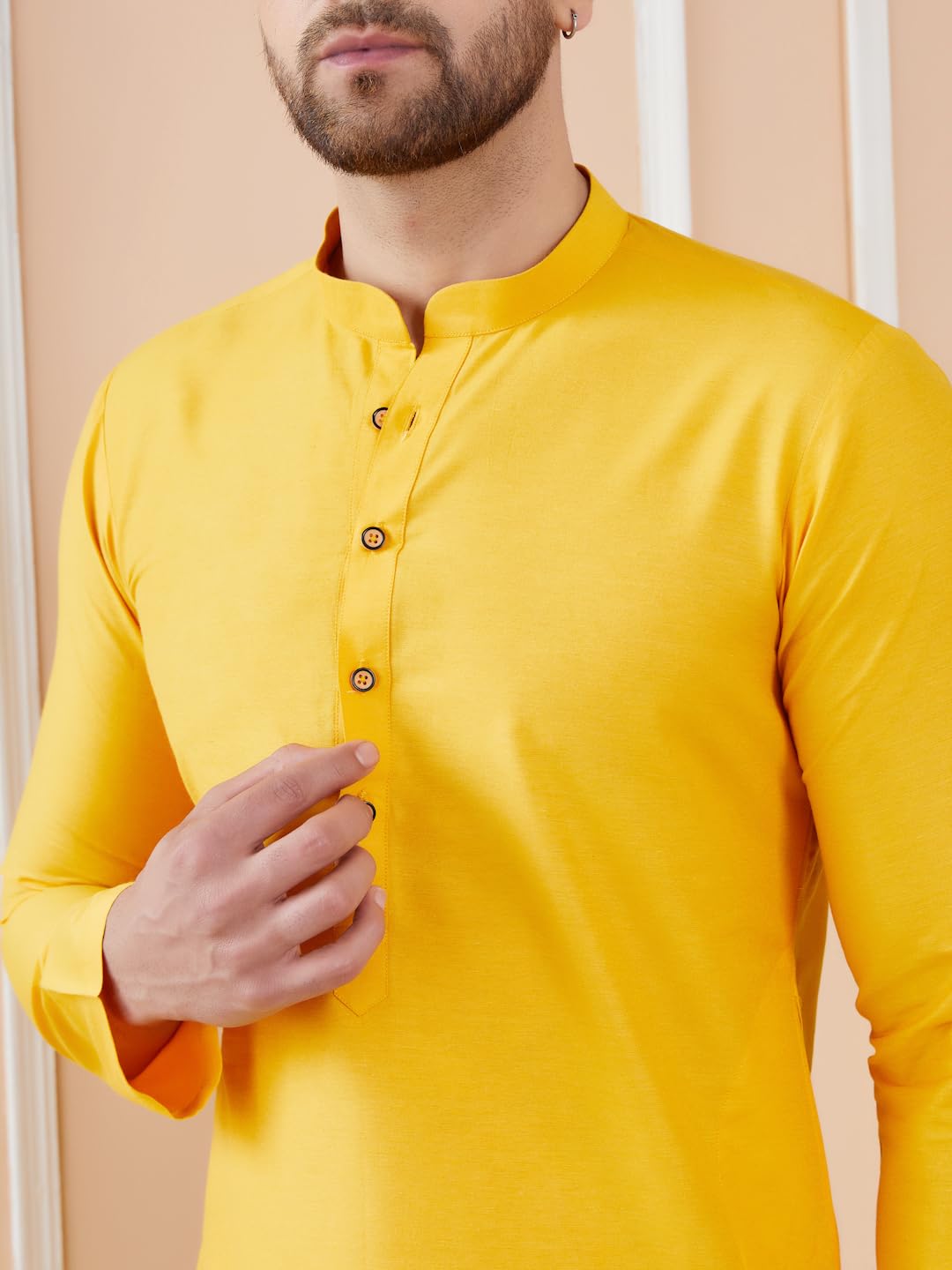 See Designs Men Full Sleeve Sleeve Side Slit Mandarin Collar Yellow Cotton Solid Straight Kurta With Pyjama - Sdkt248301M