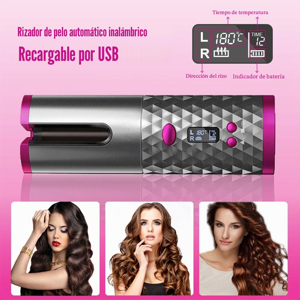 Rizador pelo Automático, Inalámbrico, Ondas, Ondulador Rizos, Portátil Barril de Cerámica de Calentamiento Rápido con Temperatura y Temporizador Ajustables.