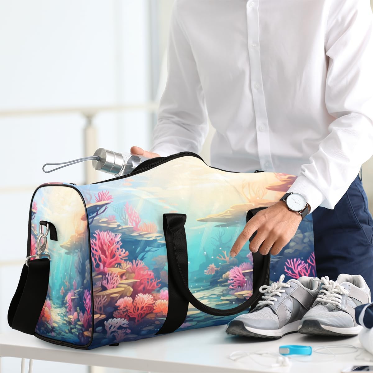 Oceanic Coral Travel Duffel Bag for Women Men Large Capacity Overnight Weekender Bags for Lightweight Waterproof Sport Gym Bag for Workout Yoga Swim