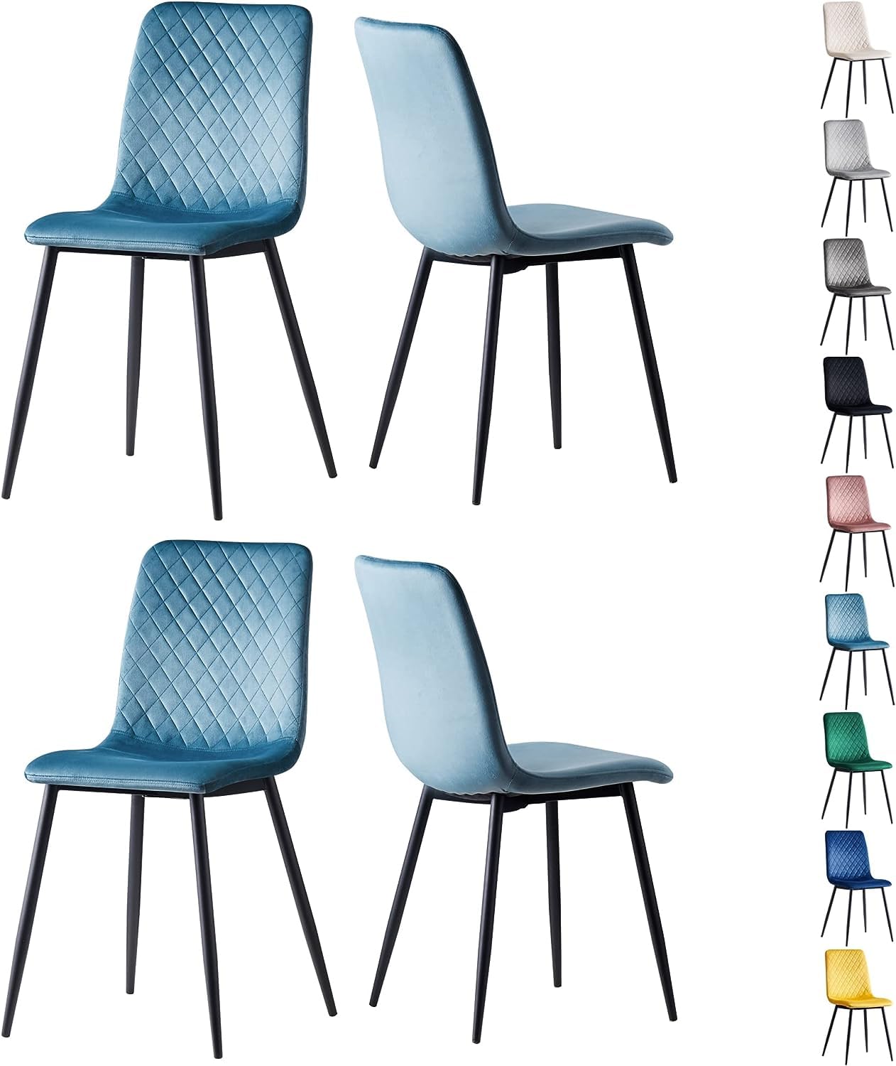 mcc direct Set di 4 sedie per sala da pranzo in velluto design, piedi in metallo, sedie Lexi (Blu chiaro)