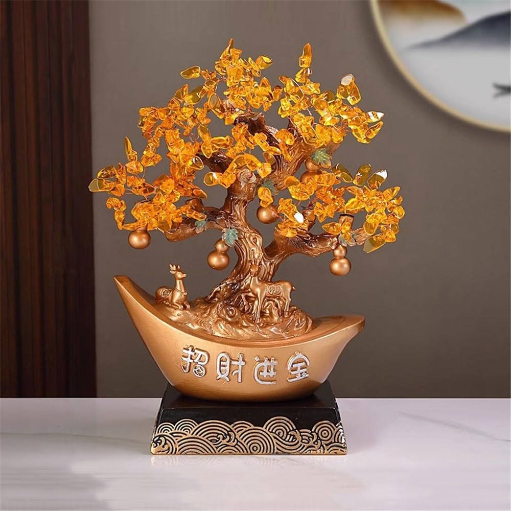 Ornament Cytryn Drzewko z kamieniami szlachetnymi z wysoką podstawą, dla bogactwa fortuny i szczęśliwych dekoracji Money Tree (złoty)