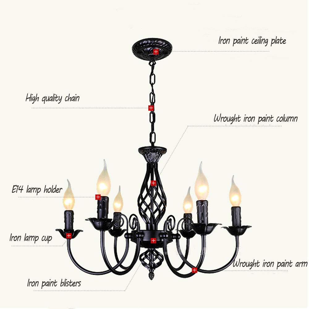 Pendentif Lampe Rétro Lustre Abat-Jour Restaurant Classique Bougie Lustre En Pendentif Réglable En Hauteur E14 Lampe Suspendue En Fer Forgé Salon De Style De Campagne Simple Lampes Pendentif, Noir
