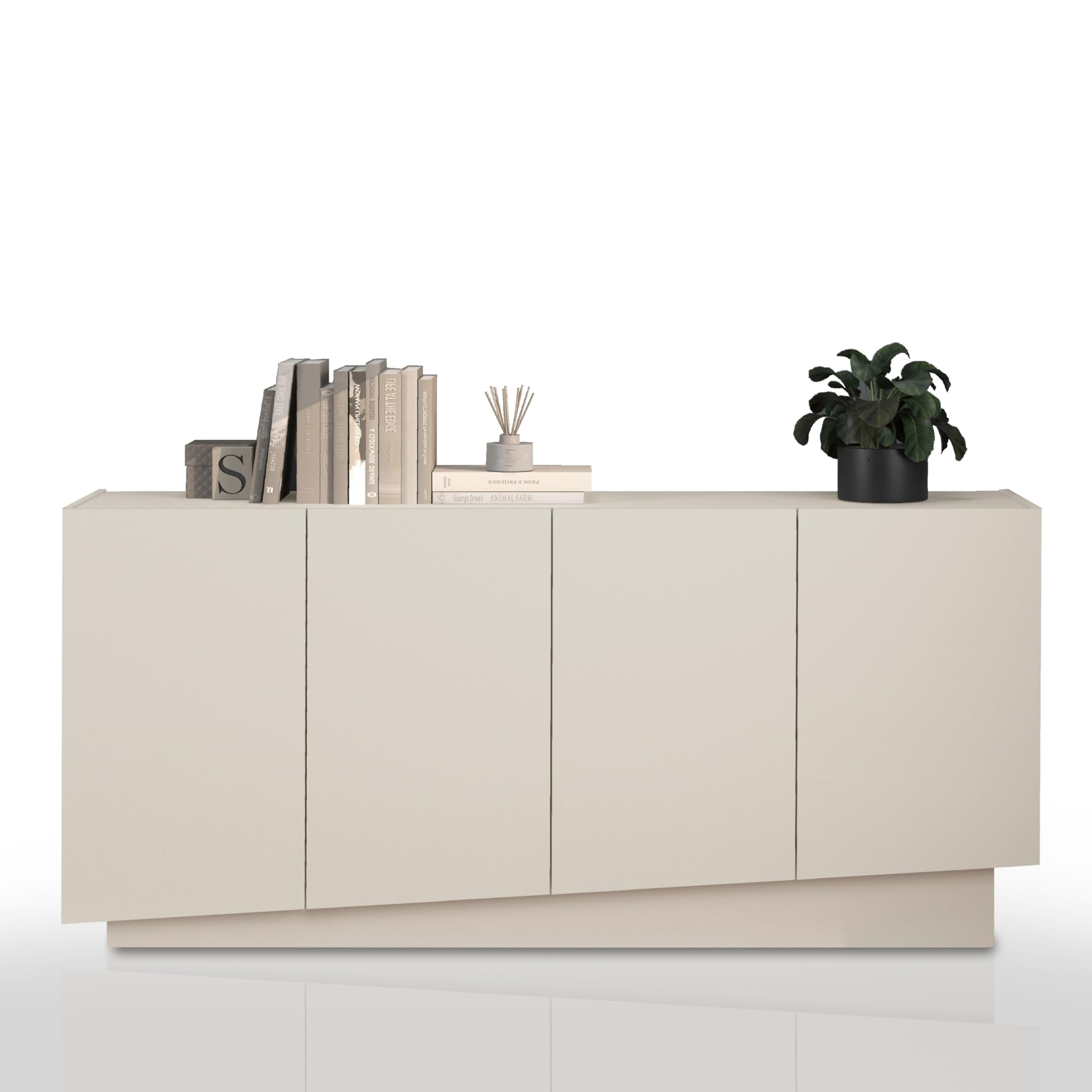 WHOUS Credenza e Buffet VELA per Soggiorno con 4 Ante e 4 Vani, Madia per Salotto, Cucina e Sala da Pranzo in Legno, 160x35x75,4 cm, Cashmere