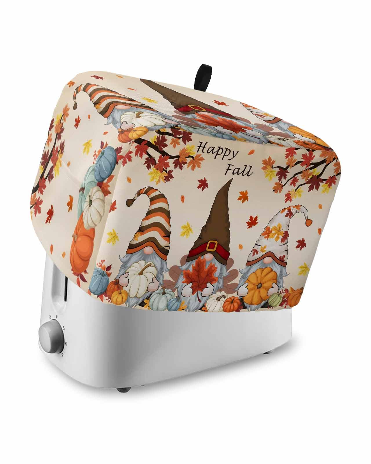 Autumn Toaster Cover 2 Slice, Pumpkin Maple Leaf Thanksgiving Gnomes Bread Maker Dust Cover with Pockets for Kitchen Small Appliance 12x7.5x8in