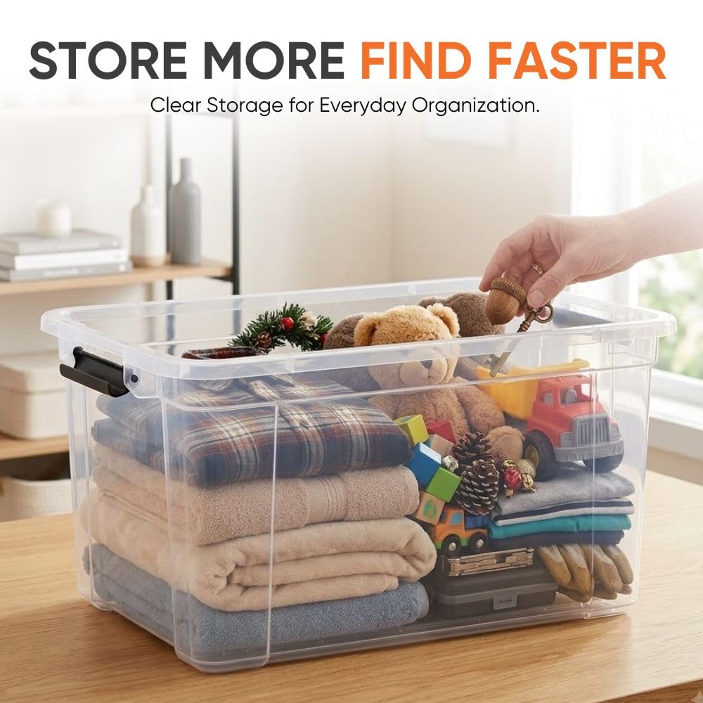 Superio Cajas de almacenamiento transparentes con tapas, contenedores de plástico de 55.5 cuartos de galón para organizar, cajas apilables, sin BPA, no tóxicas, sin olor, organizadores para el hogar,