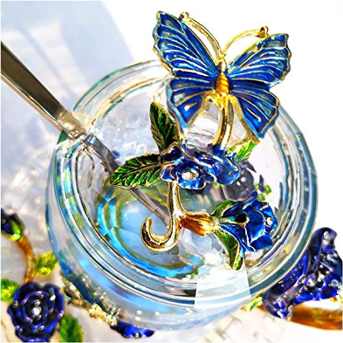 Lantree Christmas Gift Coffee Mug Tea Cup With Lid Saucer Birthday Gift For Women Friend Mother's Valentine's Day Rose Butterfly Cup Wedding Anniversary(Short Blue) #TOP1