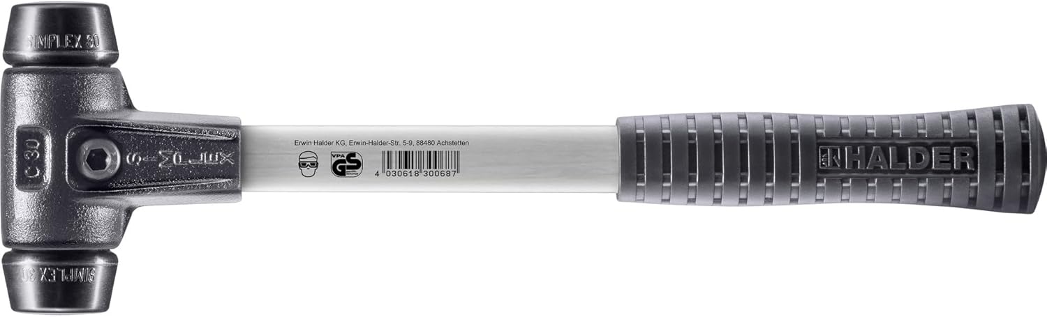 Halder Simplex Soft-Faced Mallet 3702.030 – Medium-Hard Rubber Inserts, Reinforced Cast Iron Housing, Fiber Glass Handle with Non-Slip Rubber Grip, 30mm, 1 lb.