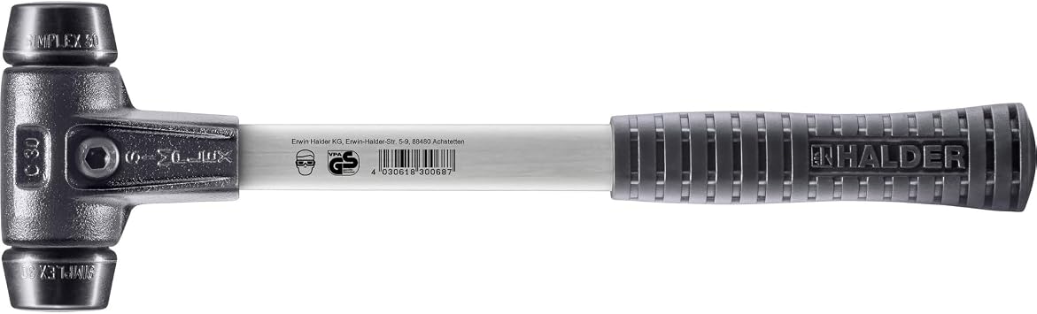 Halder Simplex Soft-Faced Mallet 3702.030 Medium-Hard Rubber Inserts, Reinforced Cast Iron Housing, Fiber Glass Handle with Non-Slip Rubber Grip, 30mm, 1 lb.