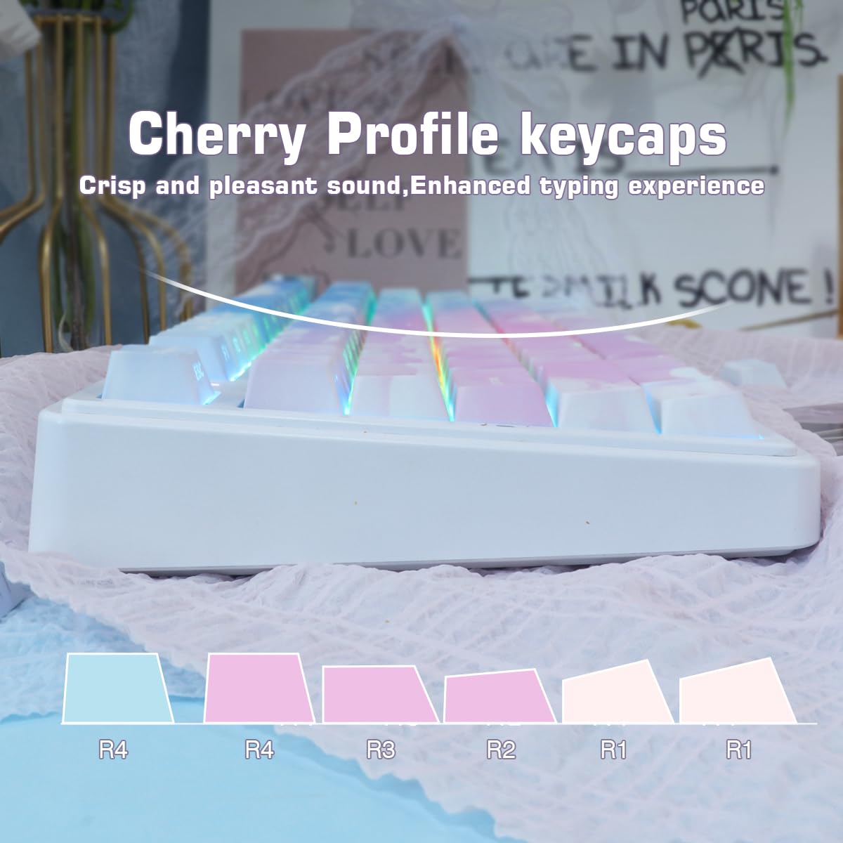 PBT German ISO Keycaps, 135 touches dégradé bleu rose double shot Dye-Sub Cherry Profile Side Printed Shine Through Keycap for Cherry MX Switch QWERTZ Layout Mechanical Keyboards