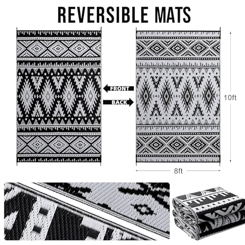 OLANLY Outdoor Rug Waterproof 8x10 ft, Reversible Outdoor Plastic Straw Rug, Boho Patio Rug, Indoor Outdoor Carpet, RV Mat Outside for Patio, Camp, Picnic, Balcony, Deck, Backyard, Black & White
