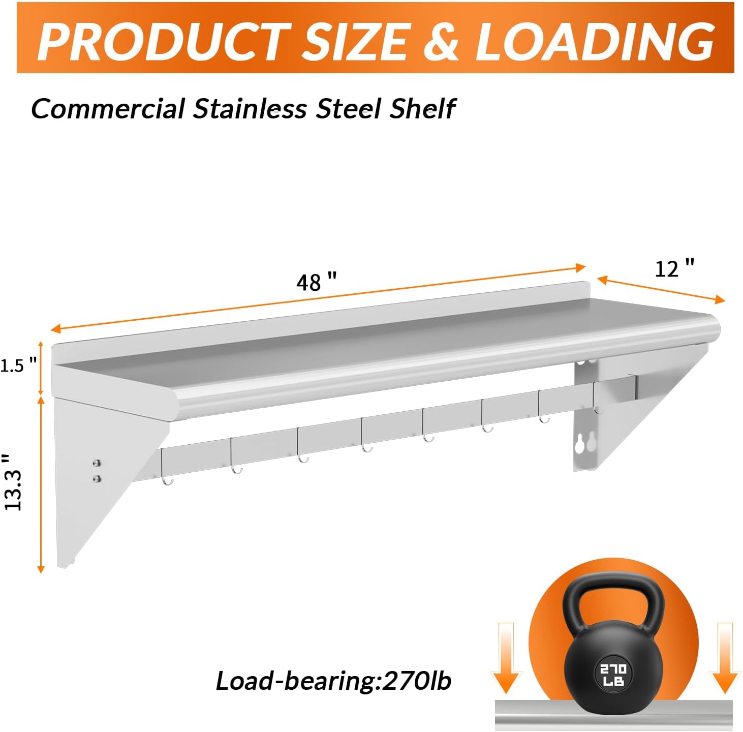 Commercial Stainless Steel Shelf with 8 Hooks 12" x 48", Wall Mounted Food Service Storage Rack Shelves, Heavy Duty 300 lb Metal Shelf for Kitchen, Restaurant, Food Truck, Garage, Laundry Room