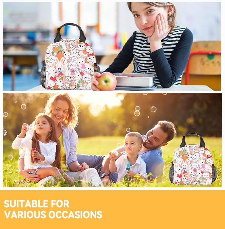 Miniatura 2 de Lonchera de conejo para niños, pequeña bolsa de almuerzo aislada, bonita lonchera reutilizable para niñas, bolsas de almuerzo congelables blancas