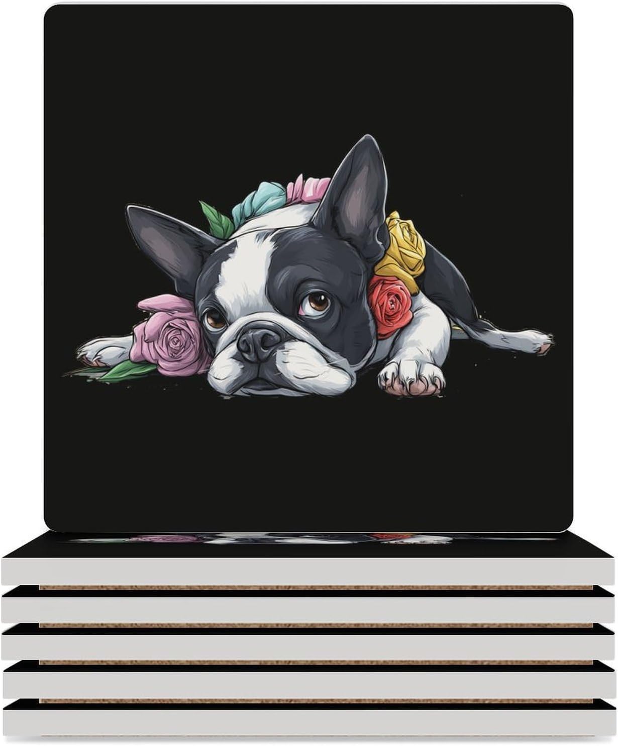 Cute Boston Terrier Dog Coaster for Drinks Square Ceramic Table Coasters Stone Mat Crafts 4PCS Home Kitchen Decor