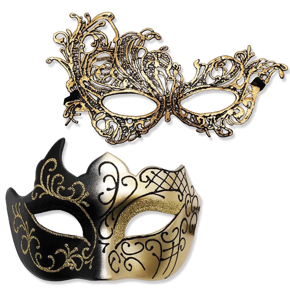 Spiritzohic Masquerade Mask for Couple 2PCS Venetian Mask for Men Women Party Half Face Carnival Masks Lace Masque Cosplay Costume Masks for Carnival Party,Fancy Dress Ball,Masked Ball(Gold)