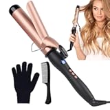 Curling Iron Hair Curling Iron Curling Wand Set with Gloves and Comb&comma; 38mm Instant Heat Up Hair Curler with LCD Display&comma; Adjustable Temperature&comma; Auto Shut Off&comma; Rose Gold Curling Iron