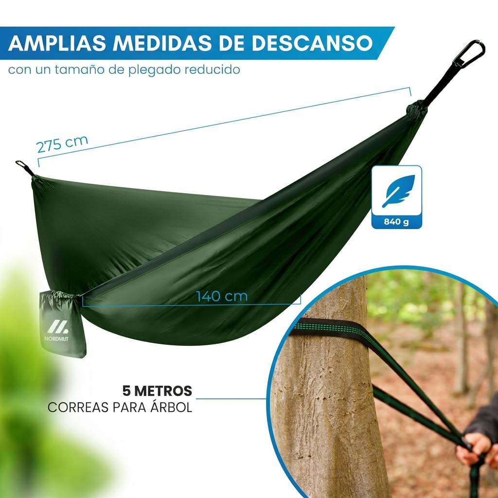 NORDMUT® Hamaca Ultraligera Outdoor [con Kit de Fijación] – Hamaca de Camping con Set de Protección de Árboles para Camping, Outdoor y Jardín – Carga Máxima 300 kg (Verde / 140 x 275 cm)