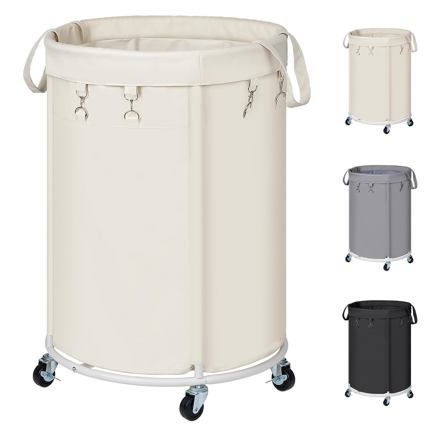 Kosze na pranie z rolkami, 150 l, duży kosz na pranie z metalową ramą i wodoszczelnym workiem, Laundry Baskets wózek na pranie do pralni, sypialni, łazienki, beżowy