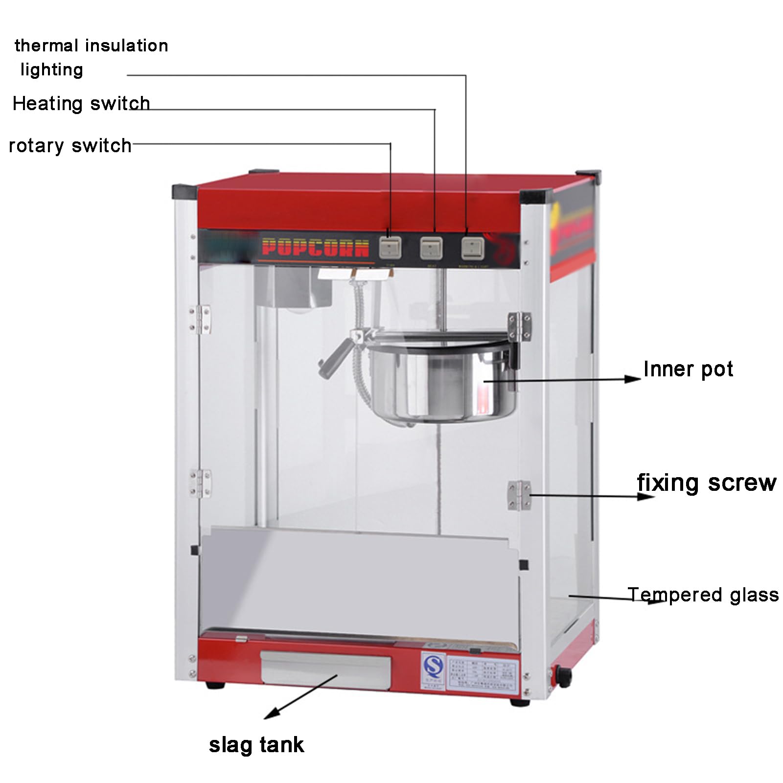 Maszyna do popcornu Gourmet, elektryczna maszyna do popcornu o mocy 1,5 kW, ze stalowym czajnikiem, przełącznikiem trzyprzyciskowym, odpowiednia na przyjęcia rodzinne i dla dzieci