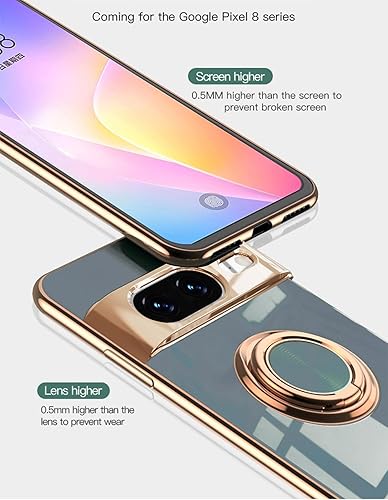 Miniatura 6 de Funda para Google Pixel 8  Slim Fit soporte giratorio de anillo lujoso color dorado metal cubierta de silicona suave TPU protección a prueba de