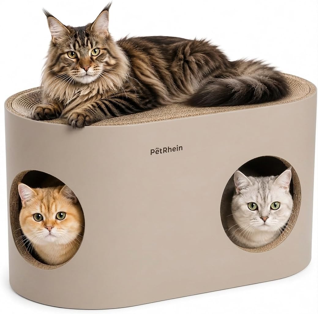 PetRhein Kratzbrett für Katzen aus Kratzpappe,3-in-1 großes Katzenhöhle mit Kratzmatte & Katzenbett – 64 x 35 x 36 cm– Stabiles Kratzpappe, Minimalistisches Kratzmöbel für Katzen(Beige)