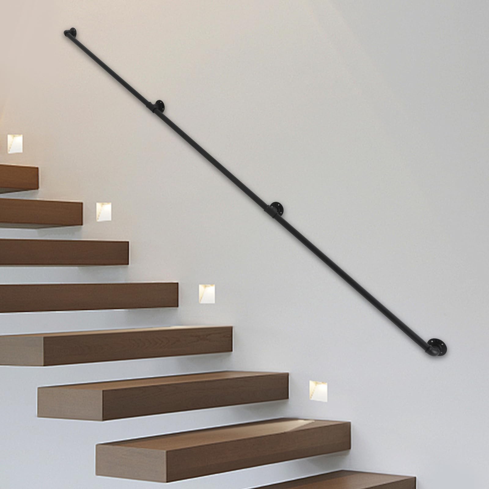 Pasamanos negro 3 m – Barandilla de metal para escalera interior y exterior, pasamanos de pared de hierro forjado, asidero para escaleras, balcón y parapeto, soporte para escalera estable, diámetro