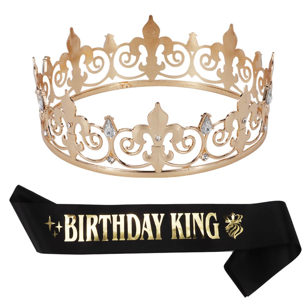 Lunaryvo King Crown and Birthday Sash for Men, Gold Rhinestone Tiara For Birthday Gift Decor Party Cosplay Prom Supplies