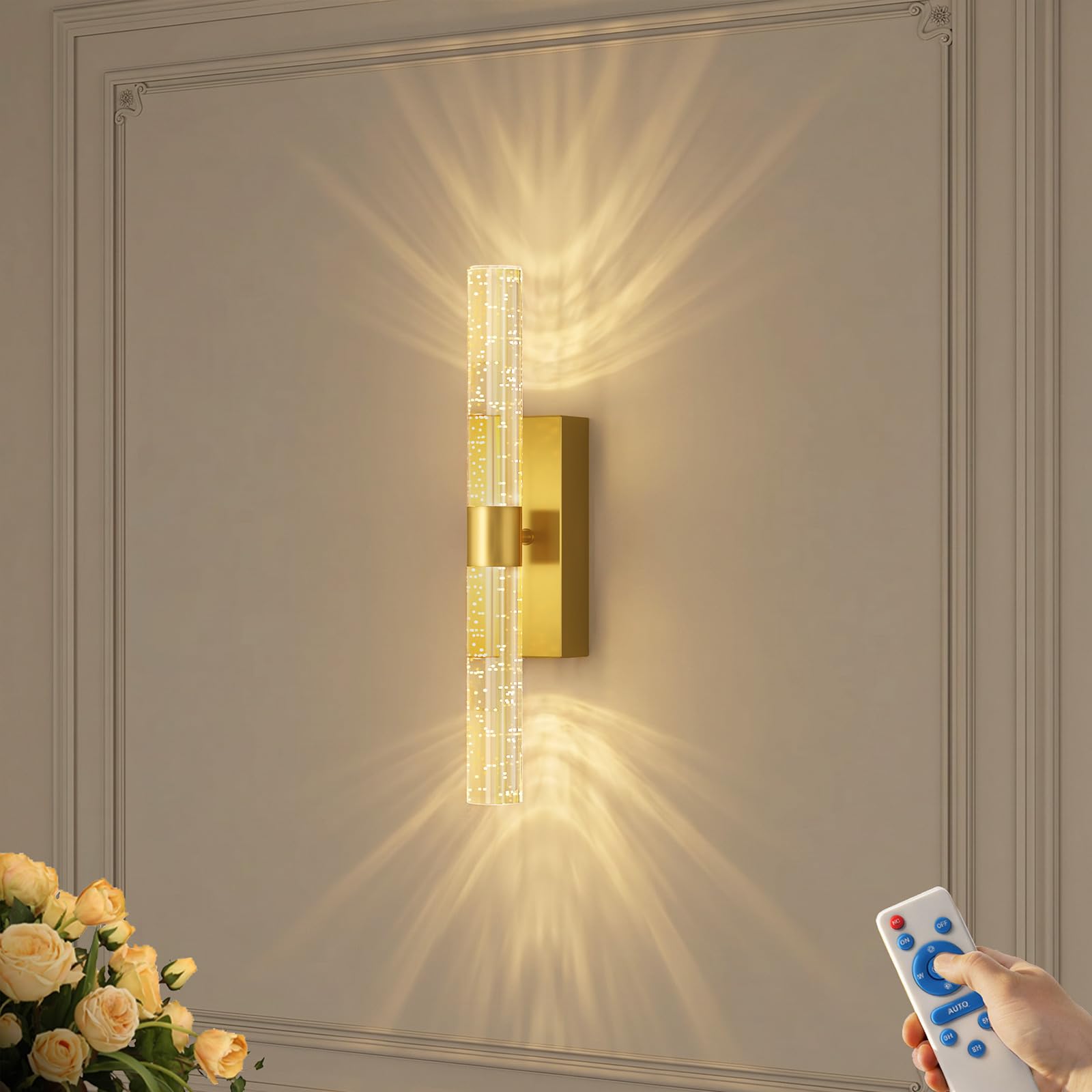 camuucci 12000mAh Gold Crystal Dimmable Wireless Wall Sconce 1Pack | 12000mAh dimmable Crystal wall Sconce, Wireless Remote Control, no-Drill Bedroom Light