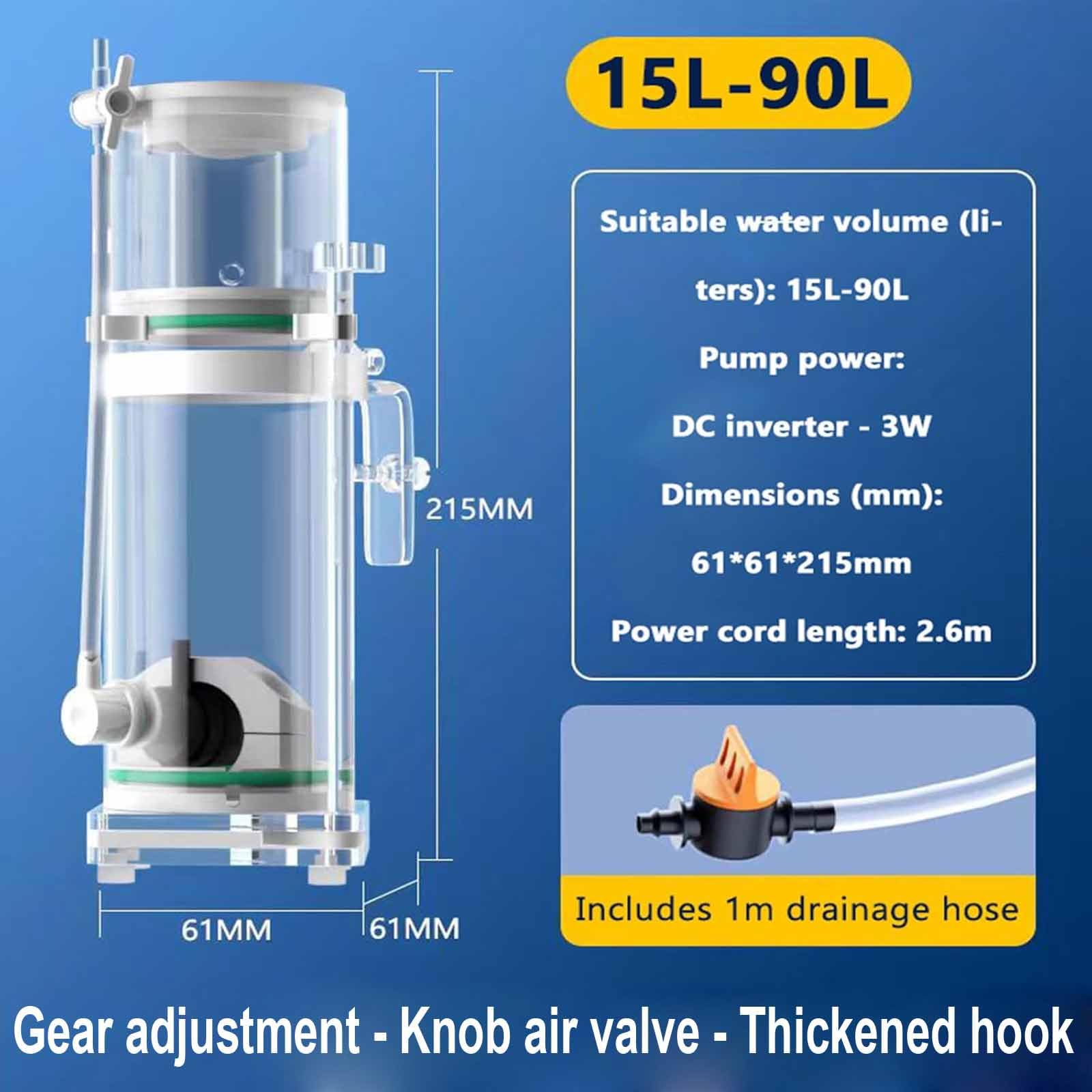 Écumeur De Surface pour Aquarium, Écumeur De Protéines pour Aquariums d'eau De Mer, Vanne D'aération À Bouton, Capacité d'eau Adaptée : 2 L À 20 L / 5 L À 40 L / 15 L À 90 15L