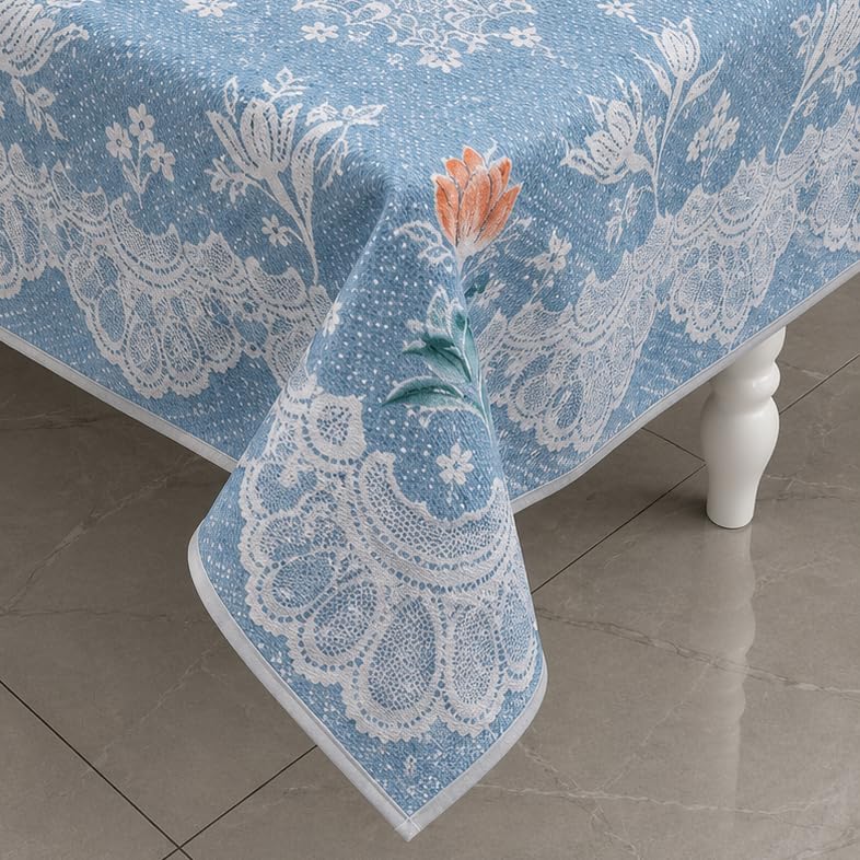Image of STITCHNEST Florenza Blue Cotton Net Table Cover 40x60 Inches