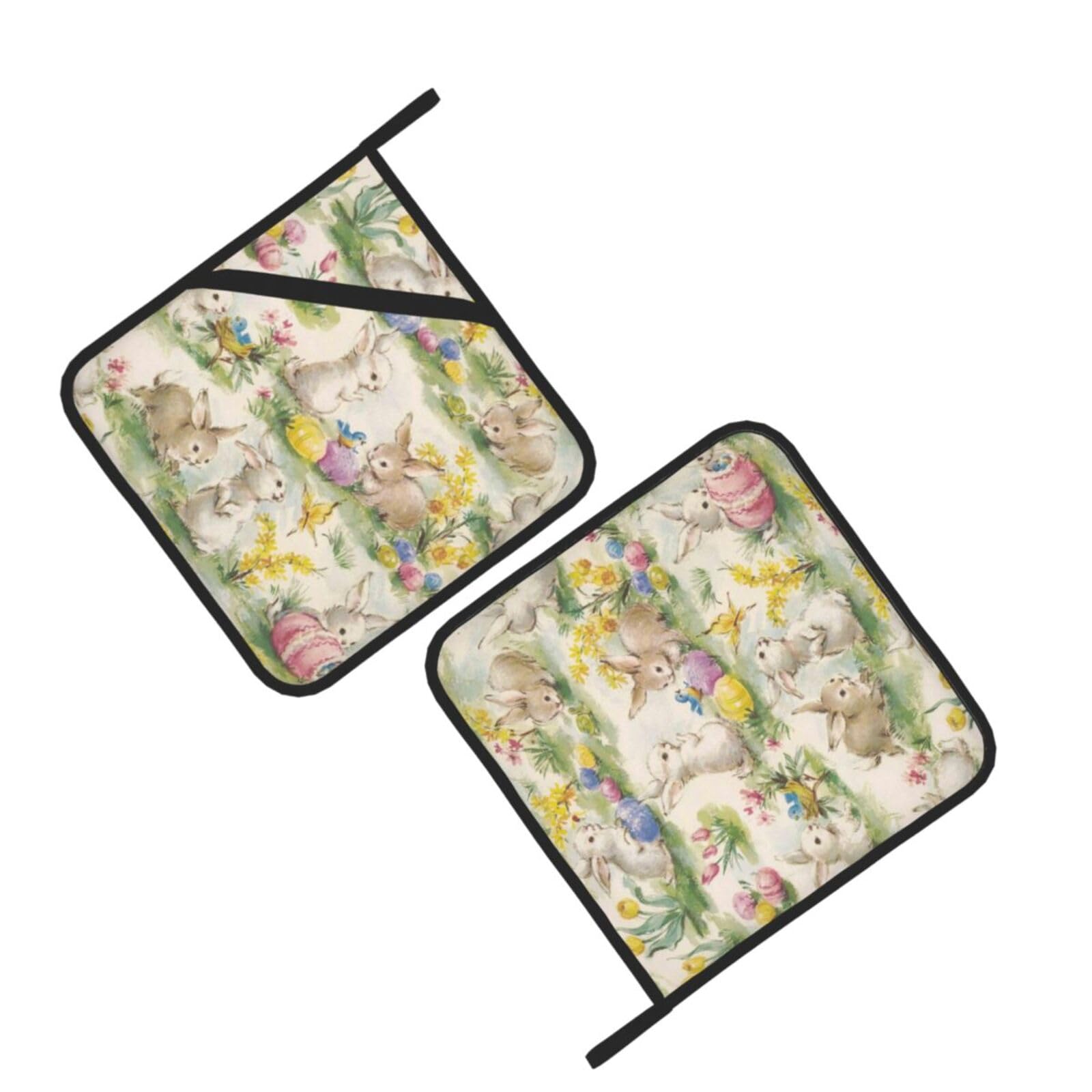 Flower Rabbit Bunny Printed Oven Pot Holders Set of 2 Pcs Heat Resistant Kitchen Microwave Potholders for Cooking Baking Grilling