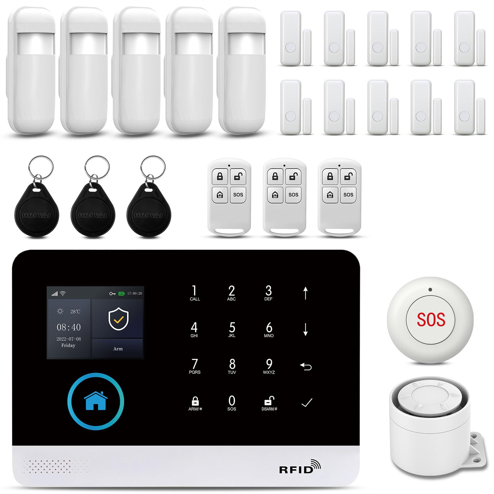 PGST Wireless Home Alarm System, 24-Piece Kit with Phone APP Alert, Door Sensor, Siren, Remote, Motion Detector, Compatible with Alexa (103-F)