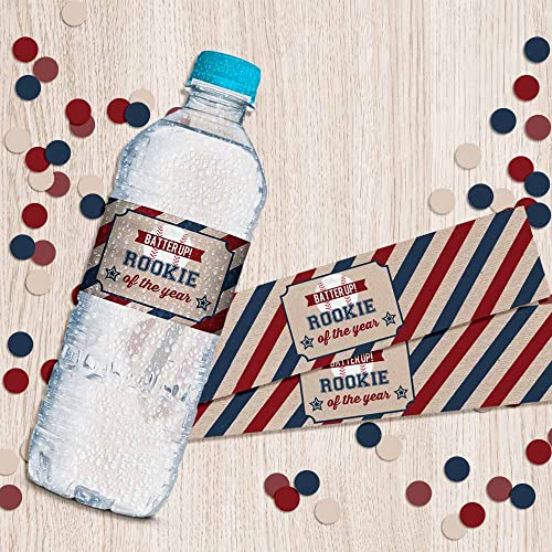 Rookie of the Year Baseball Birthday Themed Waterproof Water Bottle Sticker Wrappers 20 Wrap Around Labels Sized 1.75" x 8.5" by AmandaCreation