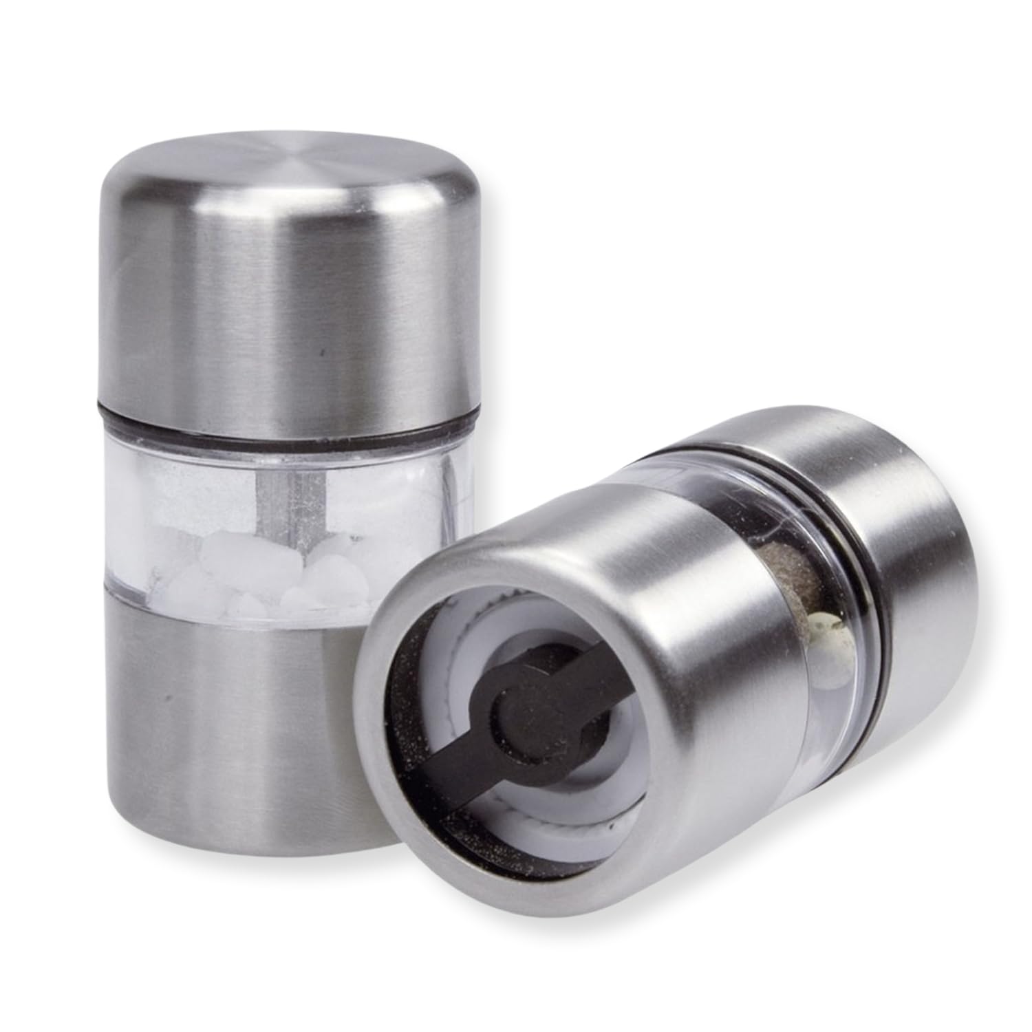 Labyrinxel 2 Piece Mini Salt and Pepper Grinder Set Ceramic Core Stainless Steel and Acrylic Jars for Home BBQ and Travel