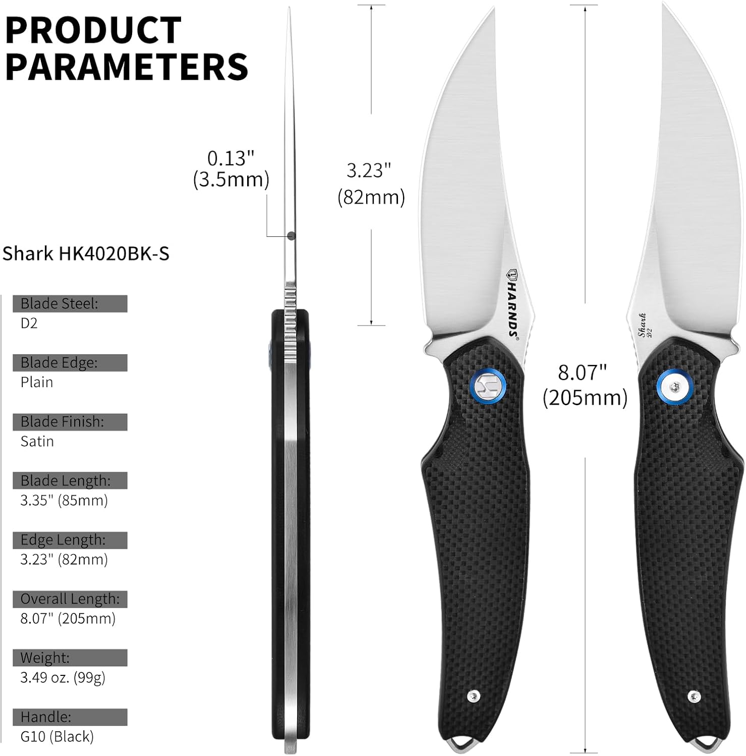 Harnds Shark Outdoor Knife Fixed Blade with Kydex Sheath D2 Steel Blade Ideal Camping Premium Survival Bushcraft (Black - Satin)