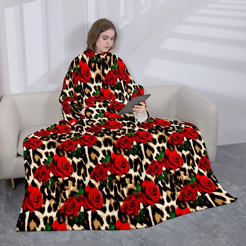 Leopard Rose Wearable Fleece Blanket with Sleeves for Adult Kids Women Men, Cheetah Print Fuzzy Plush Blanket, Super Soft Cozy Throw Blanket for Couch Sofa Bed Lounge, 50"x70"