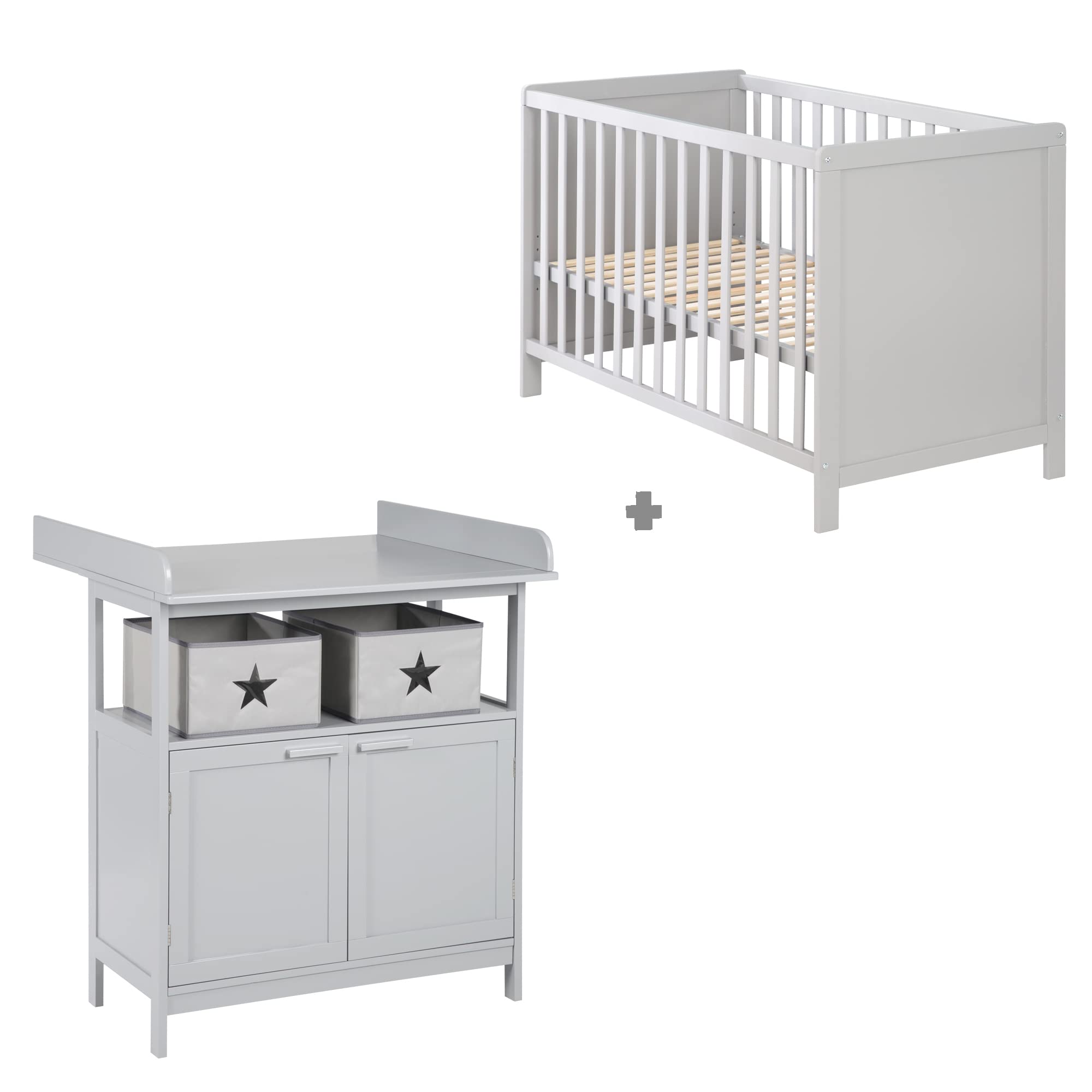 roba Zestaw pokoju dziecięcego 2-częściowy - Komoda z odpinanym blatem do przewijania + Łóżeczko dziecięce 60 x 120 cm z funkcją jako łóżko przyściennie - Drewno szare