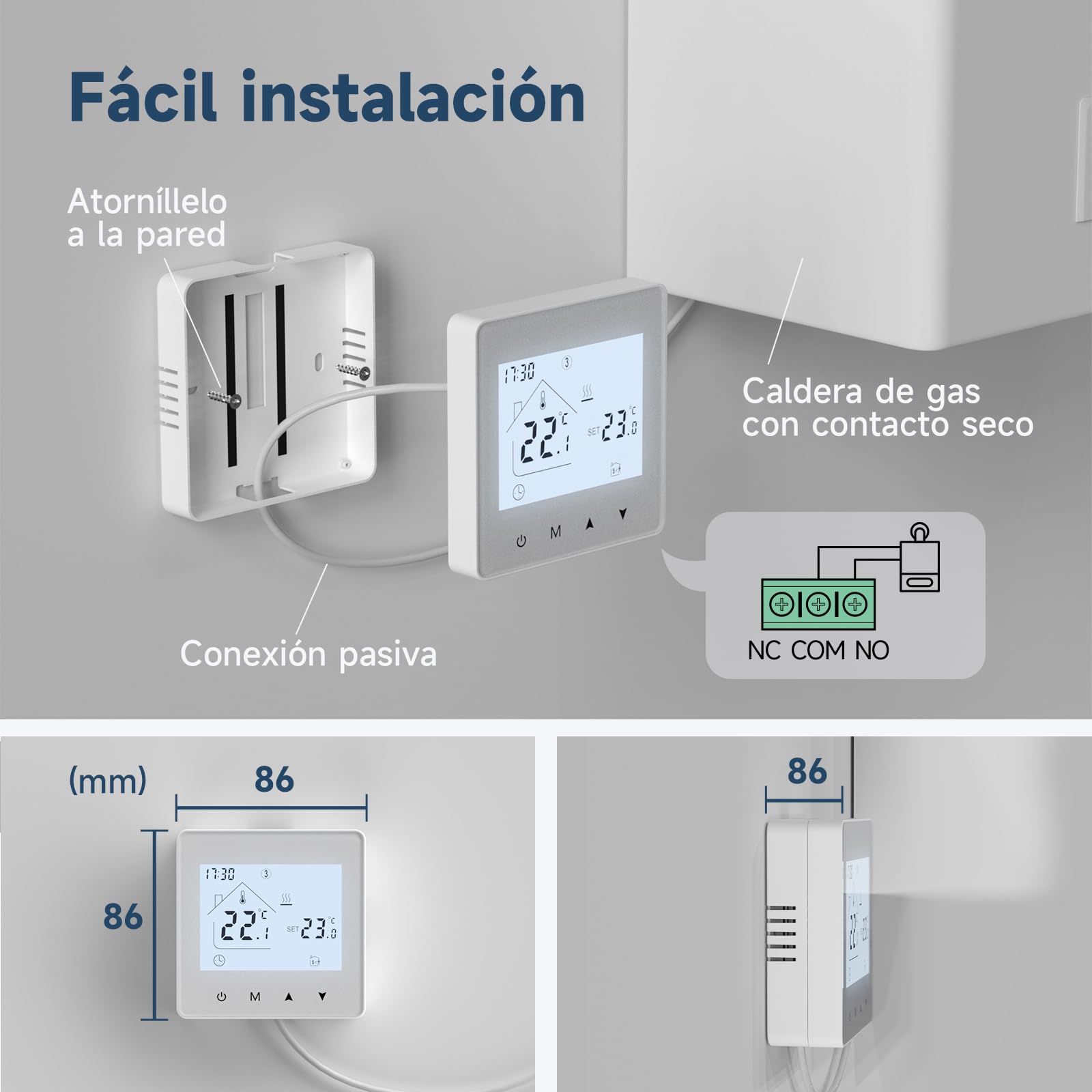 Termostato Calefaccion 2 Cables con Batería.Termostato de Caldera Digital Programable Manualmente para Calefacción de Gas y Agua.Termostato Ambiente de Pared.Batería no incluida 3A
