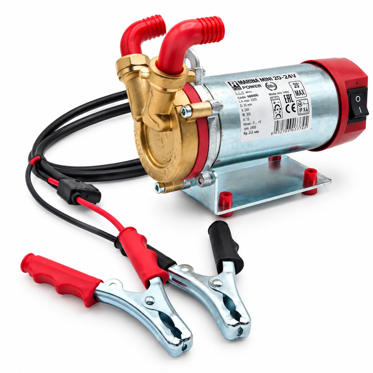 Rover Pompe MARINA MINI 20-24V Power Command Pompa samozasysająca 24 V z zaciskami do akumulatora - pompa do wody i oleju napędowego, przepływ 2300 l/h, przyłącze 3/4"