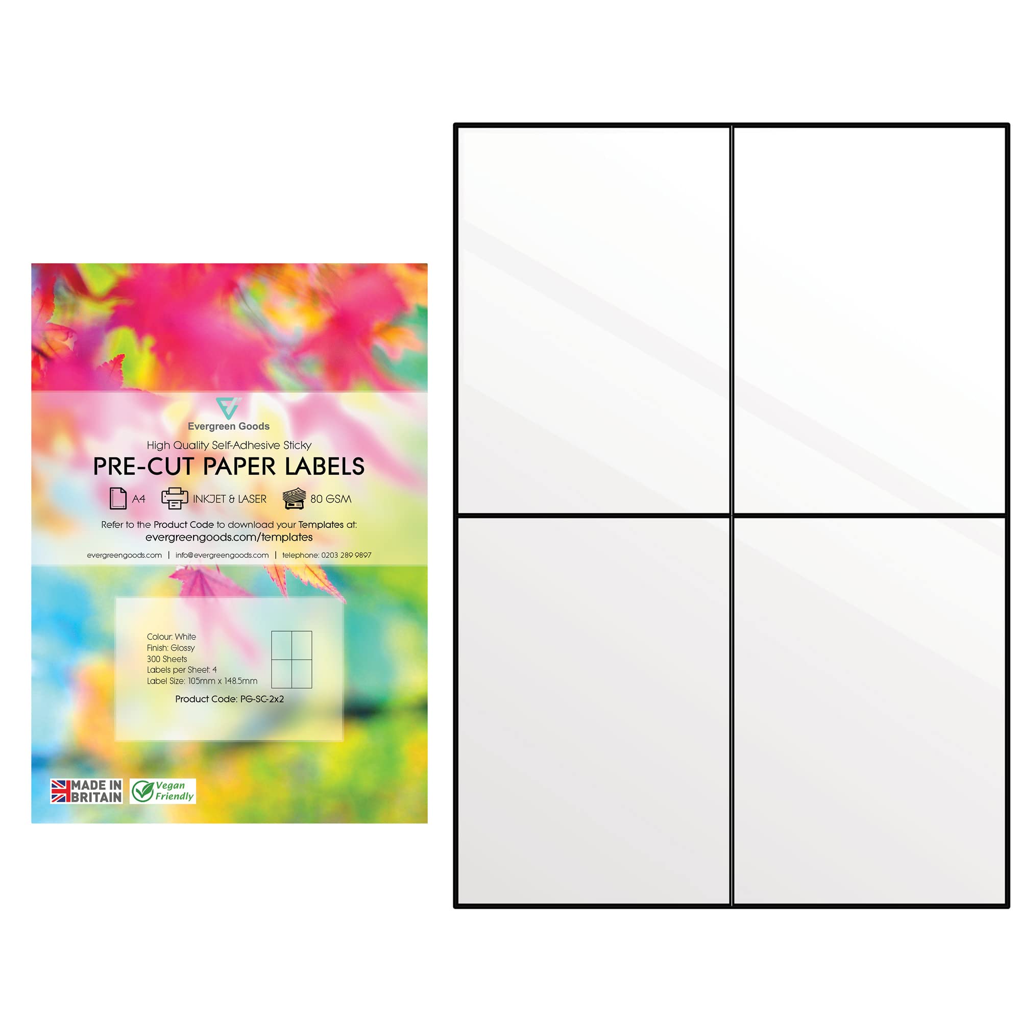 Evergreen Goods A4 Weiße Vorgeschnittene Adressetiketten | 300 Blatt | Glänzend, stark selbstklebende Versandetiketten | Für Tintenstrahl- & Laserdrucker | 2x2, 4 pro A4, 1.200 Etiketten