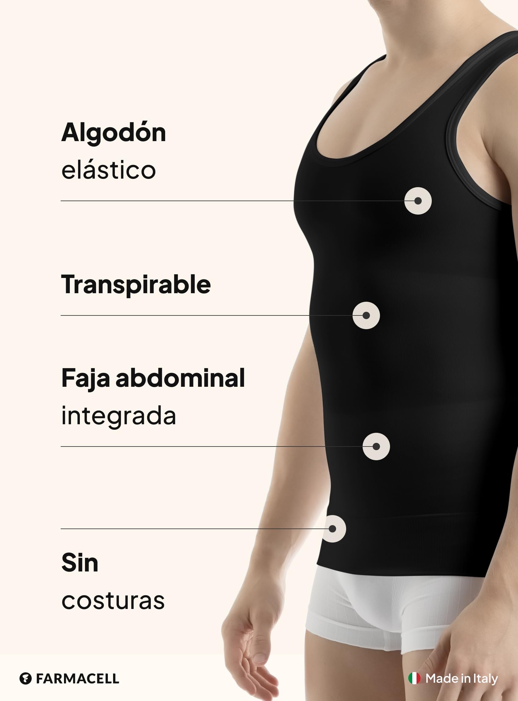 Farmacell Camiseta Reductora Hombre de Algodón, Control de Abdomen, Made in Italy, 417