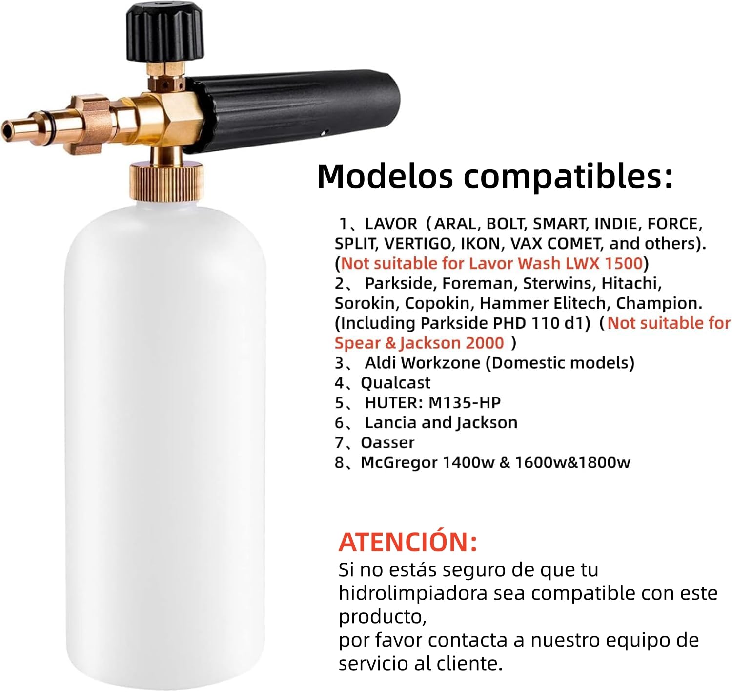 Espuma para nieve Espuma de jabón para el lavado de autos Lance con boquilla de espuma ajustable, botella dispensadora de jabón y adaptador de hilo para lavadora de presión LAVOR