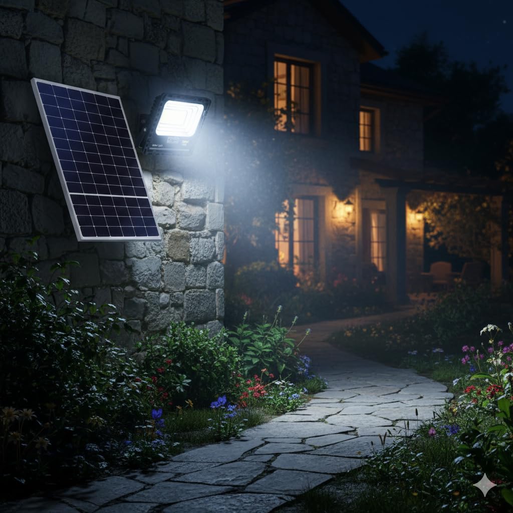 Faro LED Esterno con Pannello Solare 500W Faretto Solare Crepuscolare E Sensore Di Movimento IP66