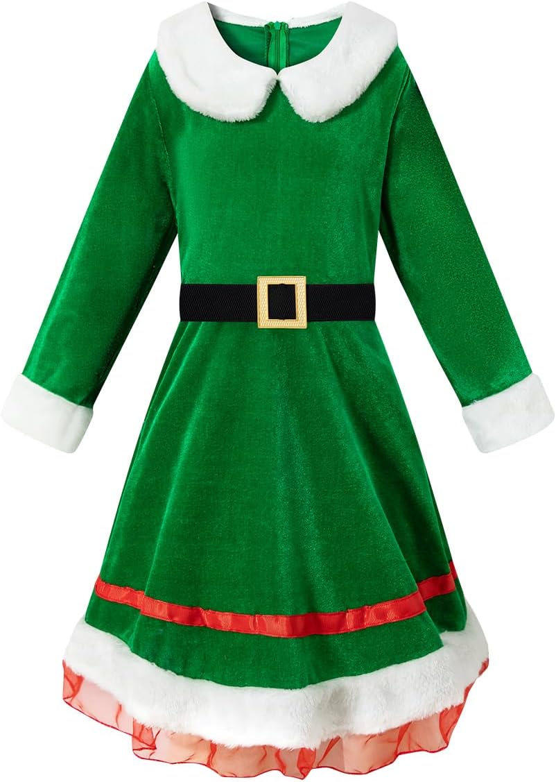 Kids Girls Costume Elf Christmas Dress Cosplay Outfit Dress with Hat Belt Socks Shoes - Image 2