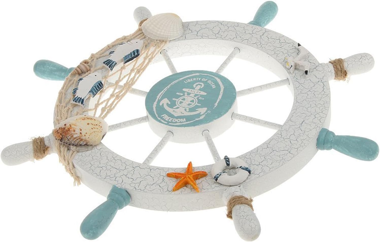 Nautical Beach Wooden Boat Ship Steering Wheel Fishing Net Shell Fish Home Wall Décor(11" Diameter) - Image 5
