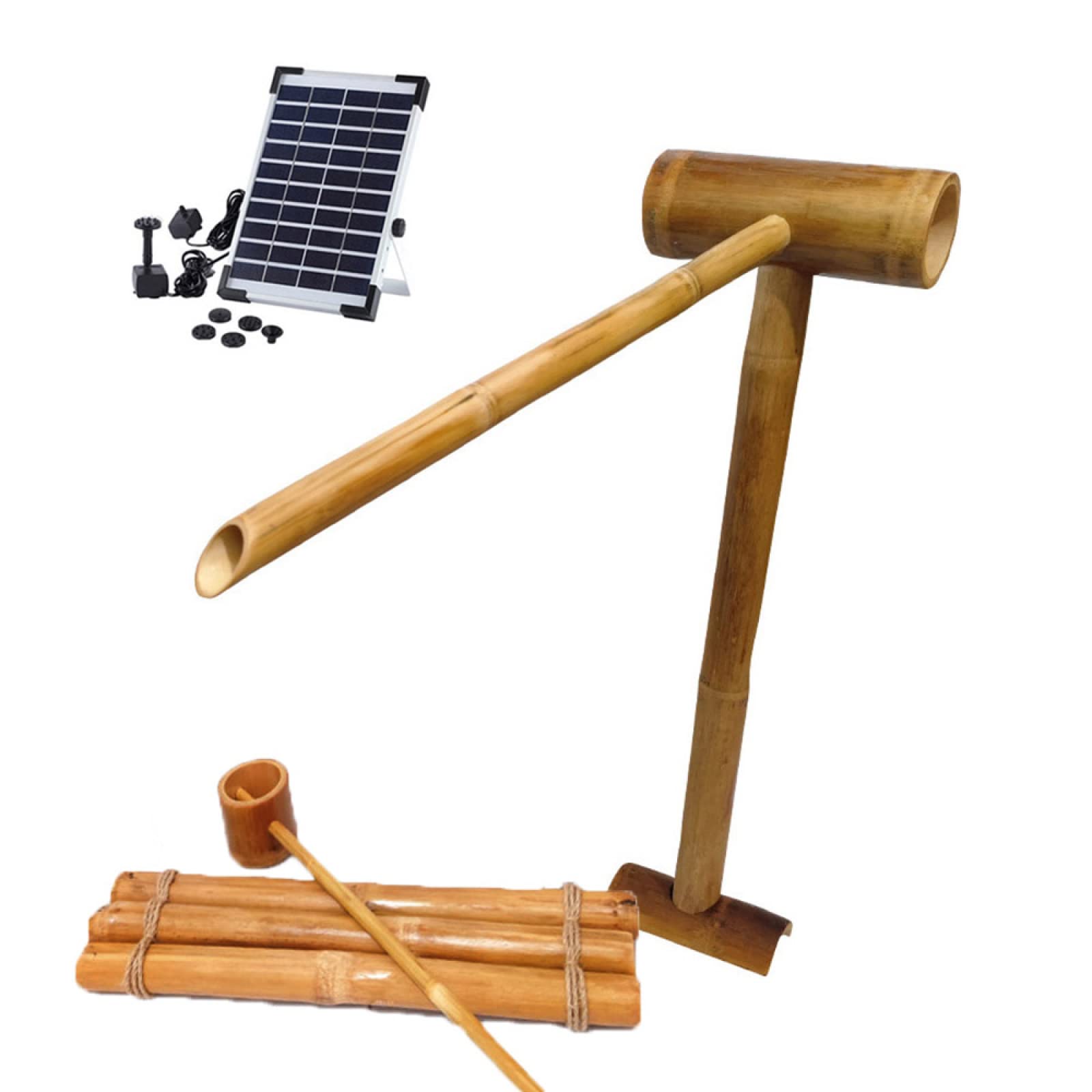 asdchZen Bamboo Fountain Kit, Bird Bath Bamboo Fountain Solar Zen Garden Bamboo Fountain Bamboo Flowing Water Courtyard Decoration With Pump Bamboo Raft And Water Spoon, For Fish