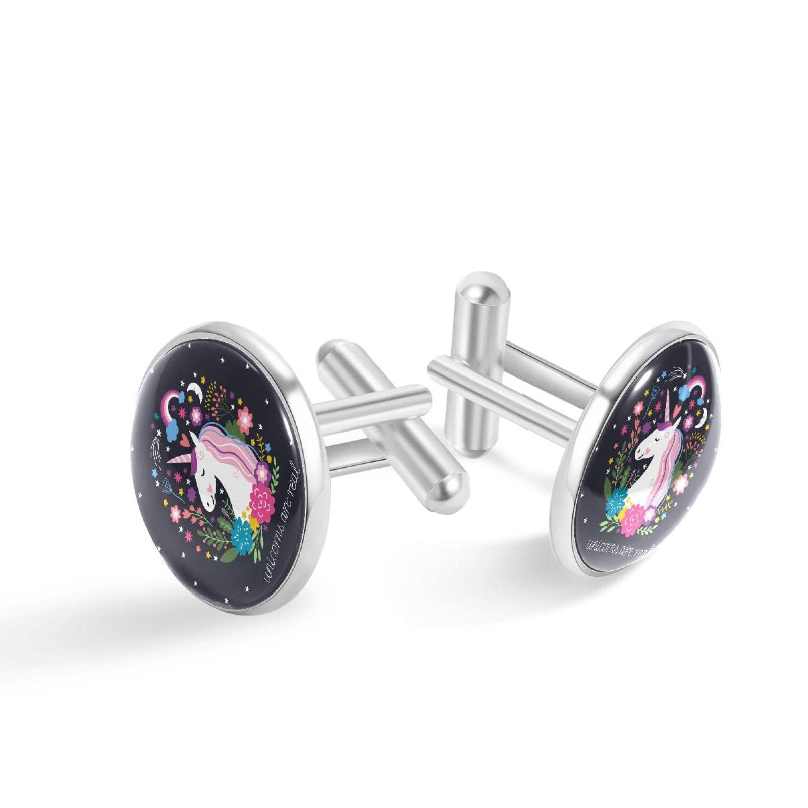 Generic Gemelos de plata personalizados para camisa de esmoquin, unicornios son flores reales, 20mm*20mm, Acero inoxidable, Cuarzo creado