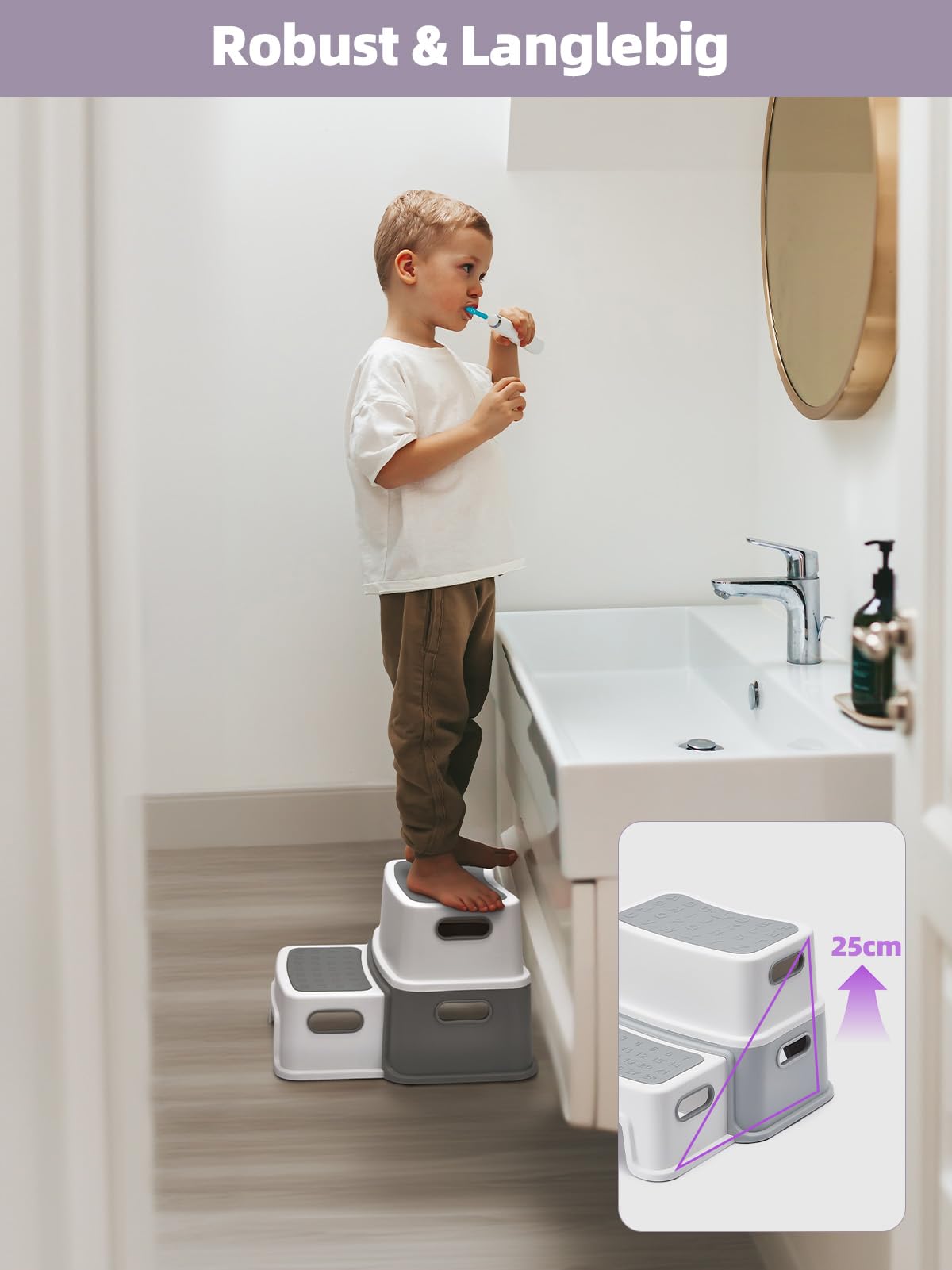 HOUSE DAY Sgabello per bambini, 2 gradini (altezza 25 cm), sicuro, con piedini antiscivolo per bagno, sgabello per WC, sgabello antiribaltabile