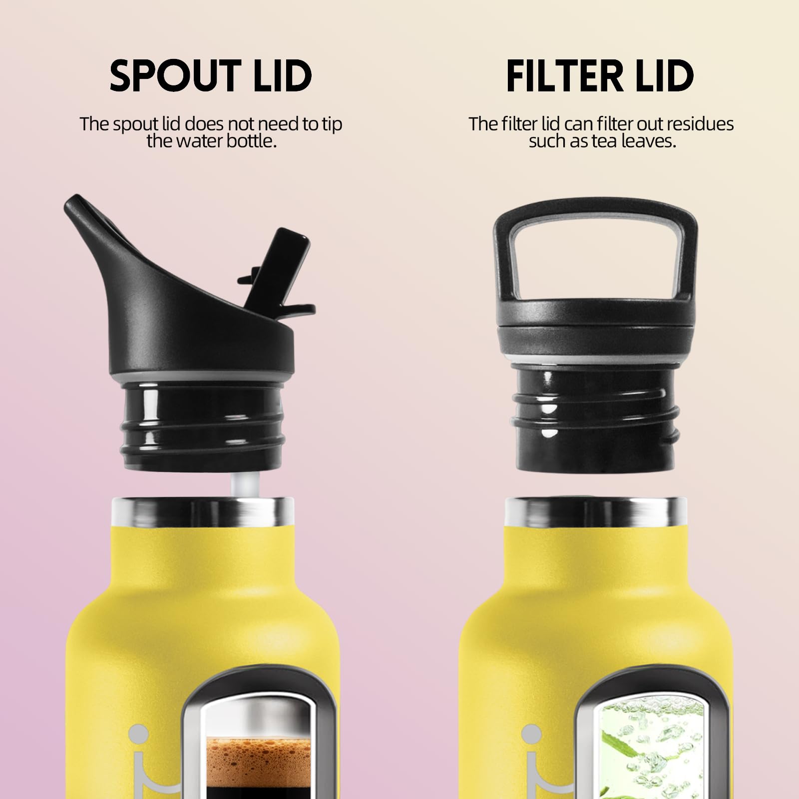 Motswedi Borraccia Termica 1 litro, con Cannuccia, Borracce Termiche, Doppia Parete, Bottiglia Termica, Acciaio Inox, Borraccia a Prova di Perdite, per Palestra, Campeggio, Outdoor, Giallo & Rosa