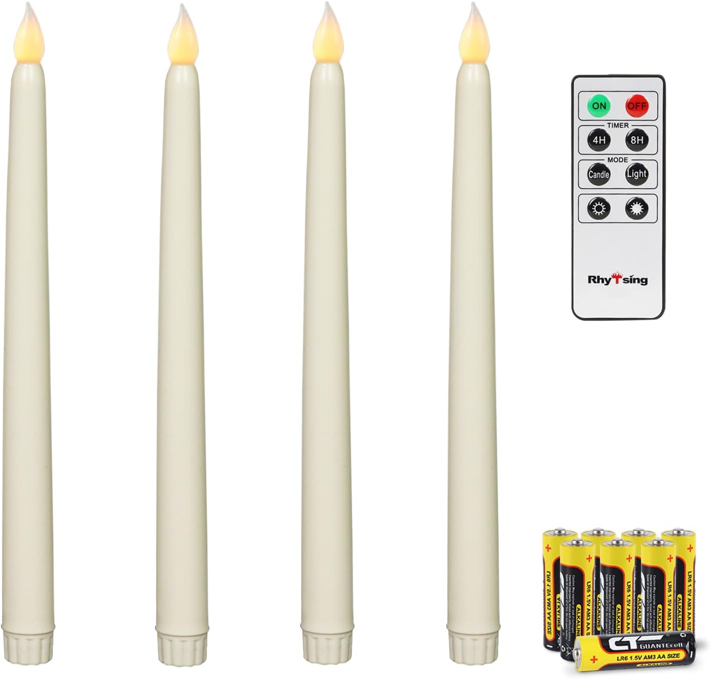 Rhytsing Ivory 10.8" Flameless Taper Candles with Timer, Battery Operated Dinner Long Candles with Remote, Smooth Wax Finish, Warm White LED, 8 Batteries Included - Set of 4