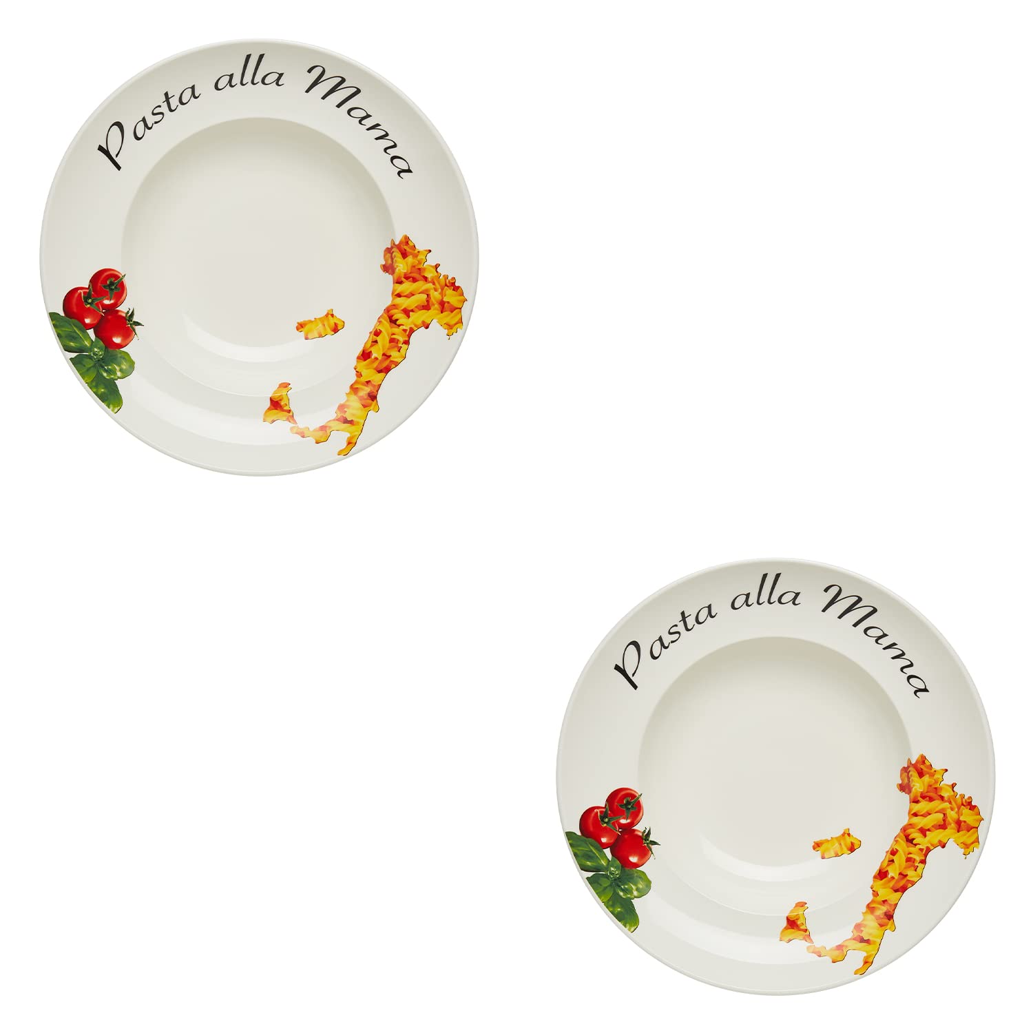 KHG 2er Set Pastateller, extra groß mit 30cm Durchmesser in Pasta alla Mama Print, perfekt für Gastro und Zuhause, hochwertiges Porzellan, Suppenteller, Salatteller, Spühlmaschinengeeignet